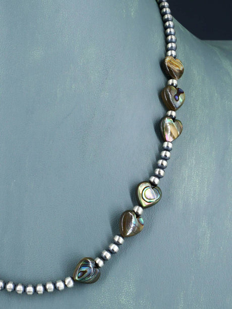18" Native American Abalone Heart and Sterling Silver Bead Necklace