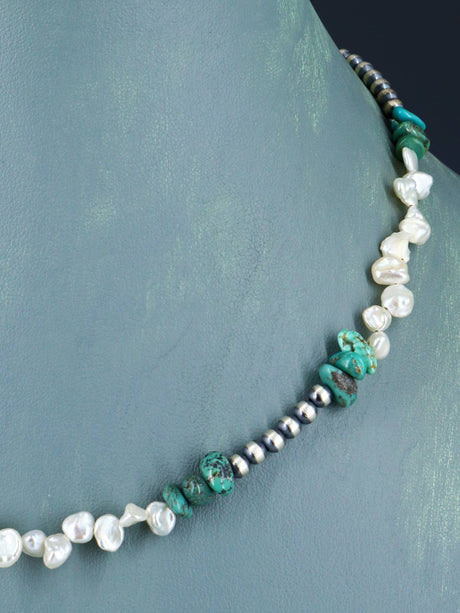 Navajo Jewelry Turquoise and Mother of Pearl Sterling Silver Beaded Necklace