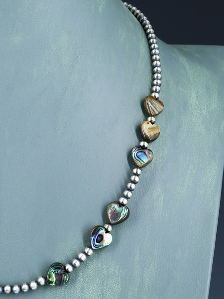 20" Native American Abalone Heart and Sterling Silver Bead Necklace