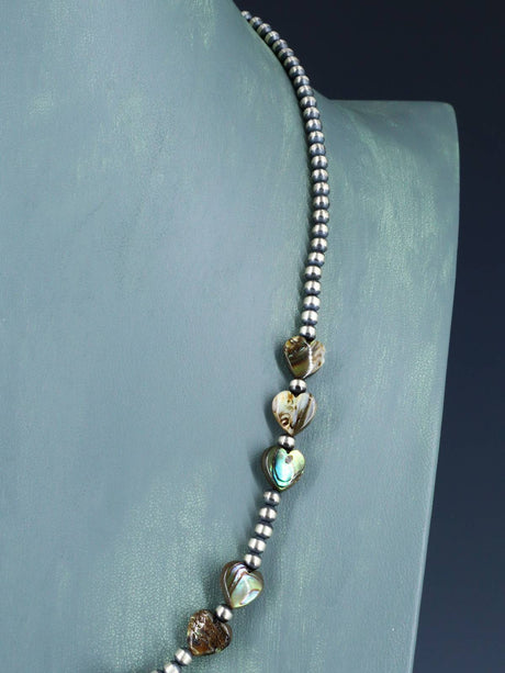 22" Native American Abalone Heart and Sterling Silver Bead Necklace