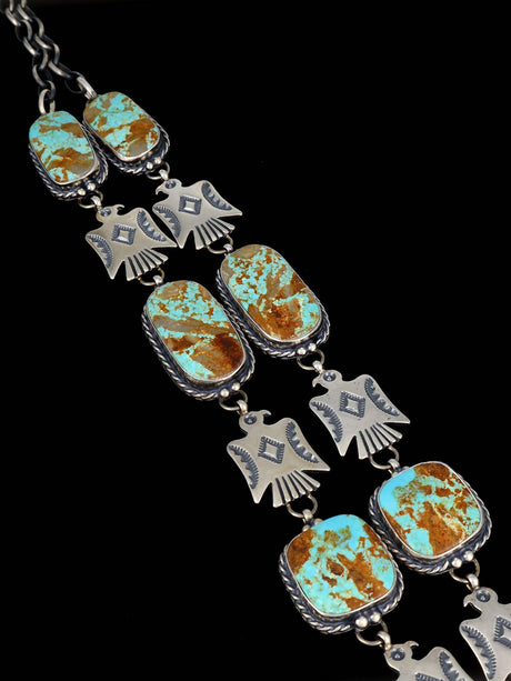 Navajo #8 Turquoise Sterling Silver Thunderbird Lariat Necklace and Earring Set