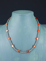 Native American Spiny Oyster Heart and Silver Bead Necklace