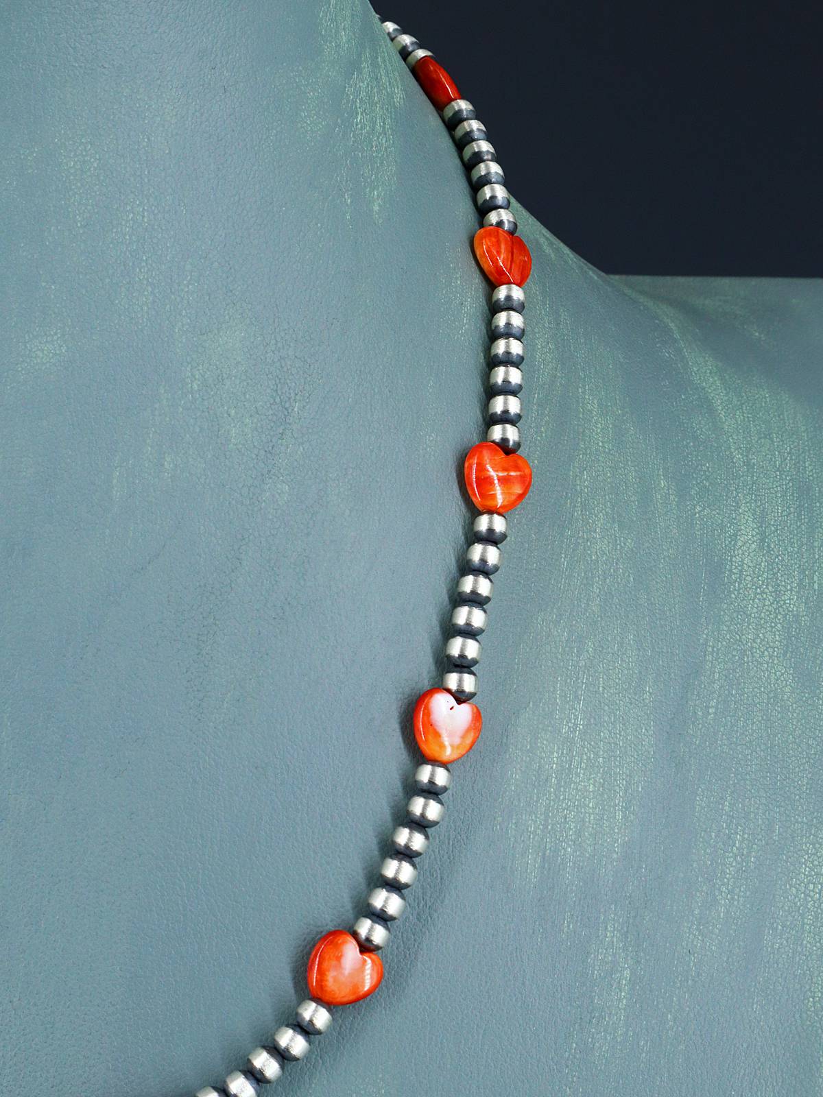 Native American Spiny Oyster Heart and Silver Bead Necklace