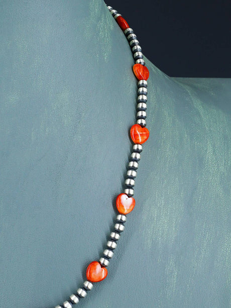 Native American Spiny Oyster Heart and Silver Bead Necklace