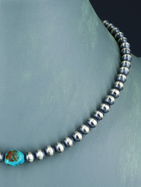 Native American Turquoise Nugget and Silver Bead Necklace