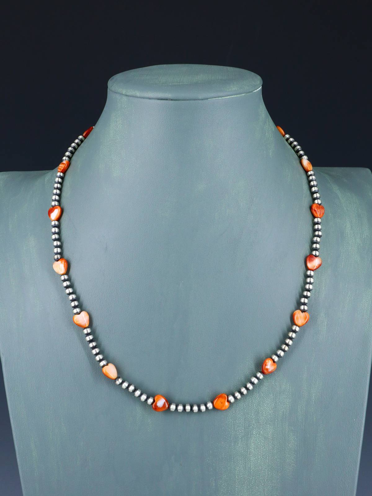 Native American Spiny Oyster Heart and Silver Bead Necklace