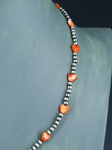 Native American Spiny Oyster Heart and Silver Bead Necklace
