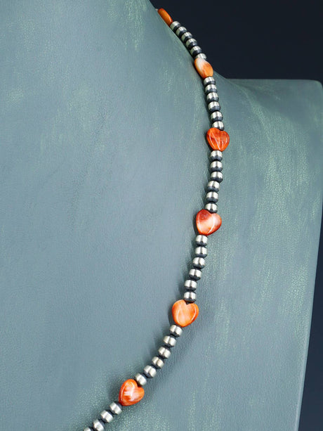 Native American Spiny Oyster Heart and Silver Bead Necklace
