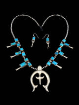 Native American Turquoise Sterling Silver Squash Blossom Necklace Set
