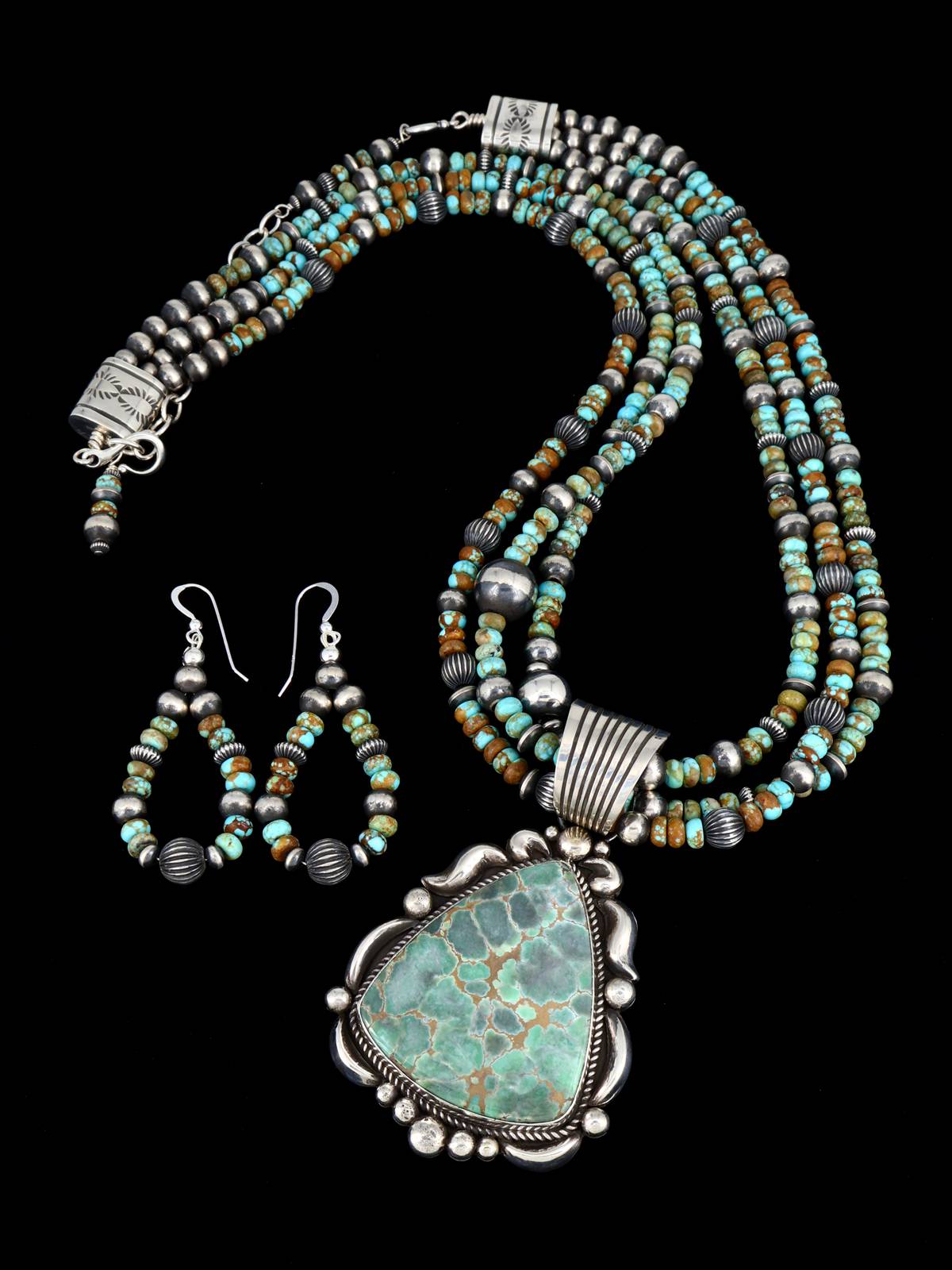Navajo Damele Variscite Sterling Silver Beaded Necklace and Earring Set
