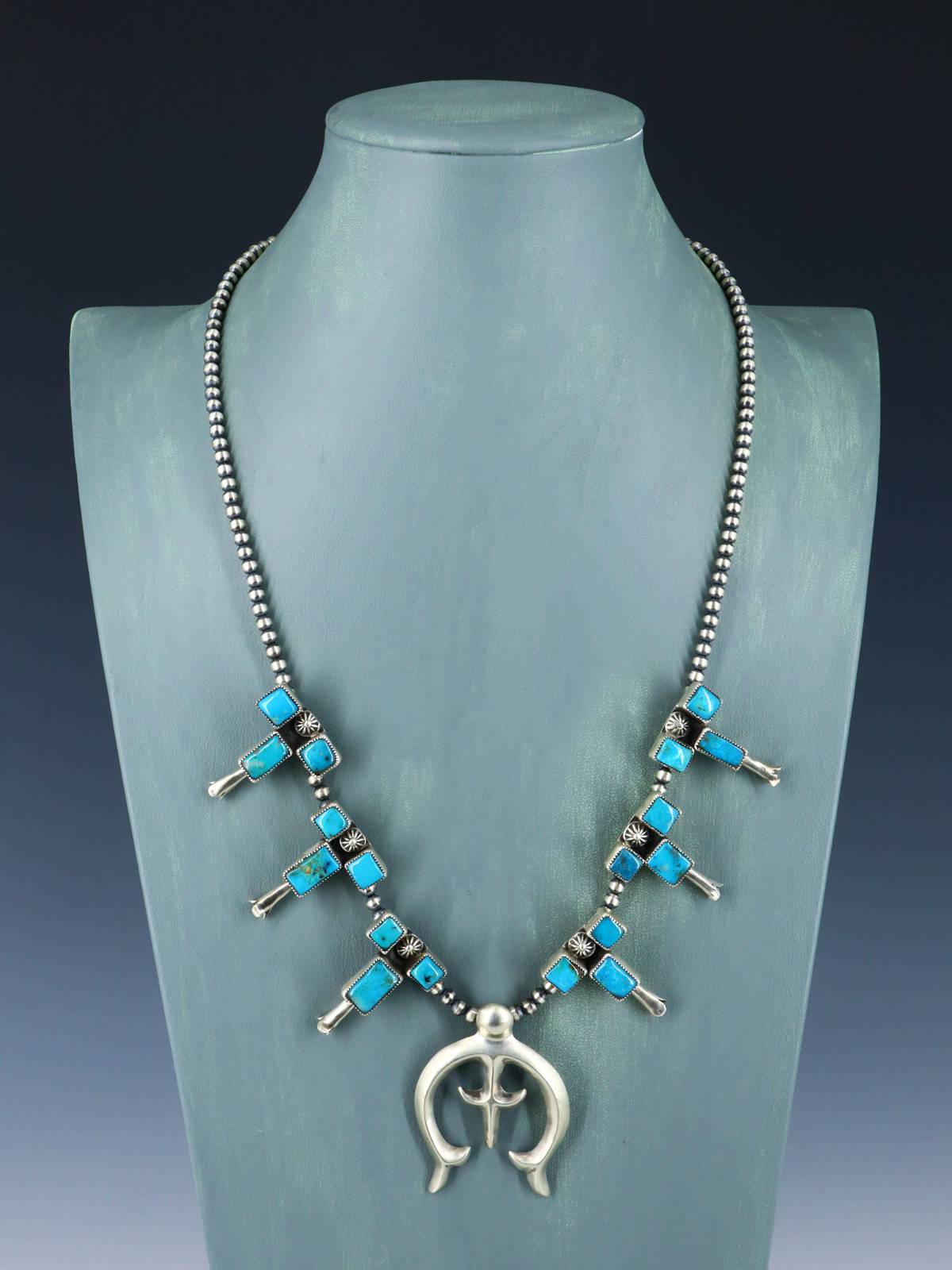 Native American Turquoise Sterling Silver Squash Blossom Necklace Set