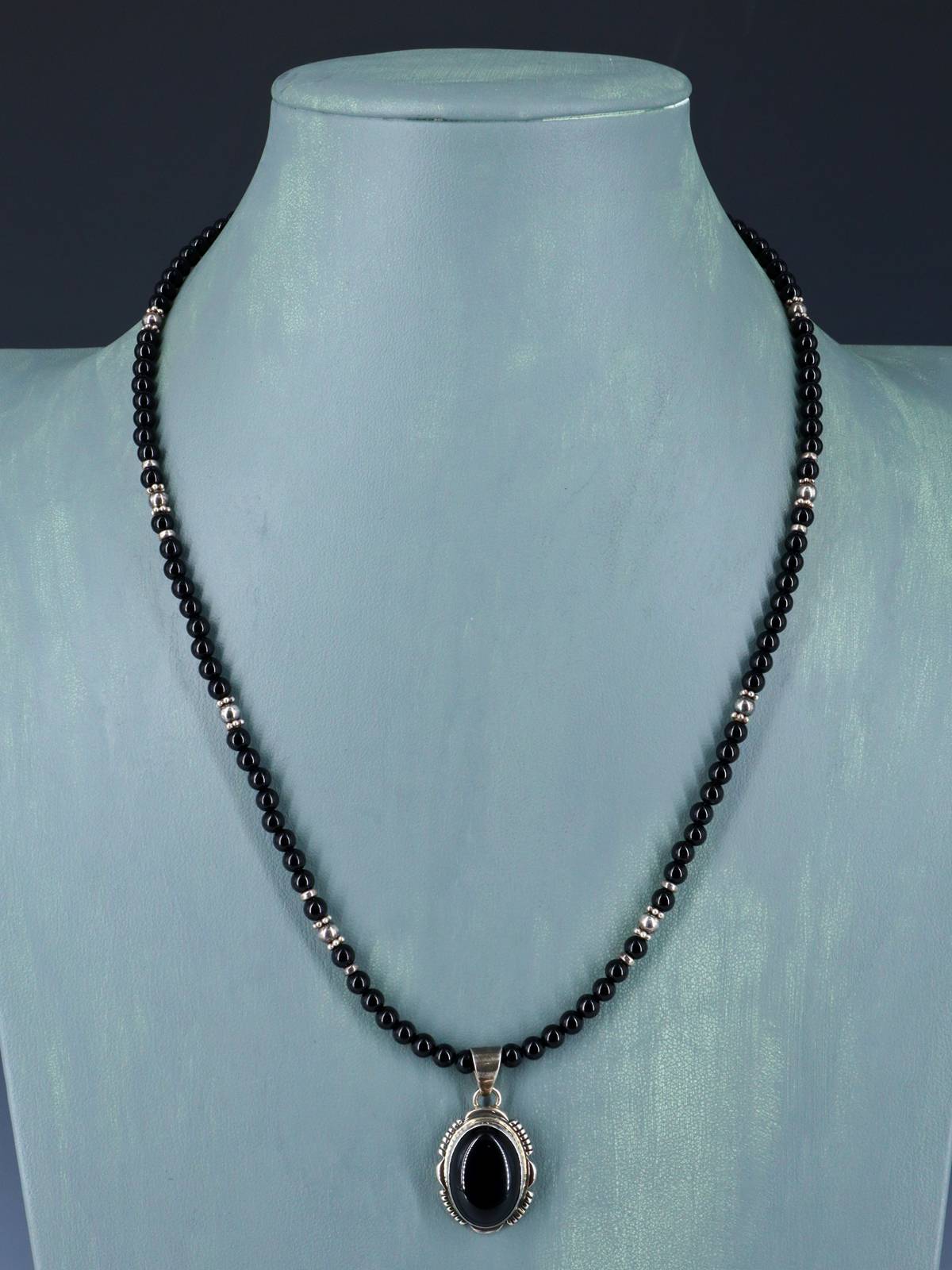 Native American Sterling Silver Black Onyx Beaded Necklace