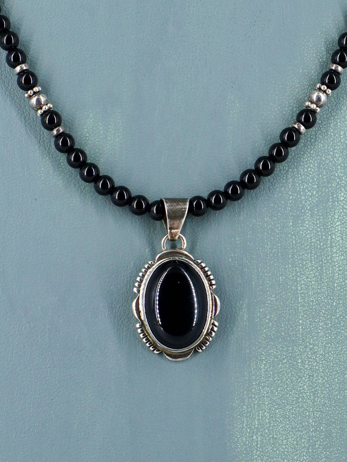 Native American Sterling Silver Black Onyx Beaded Necklace