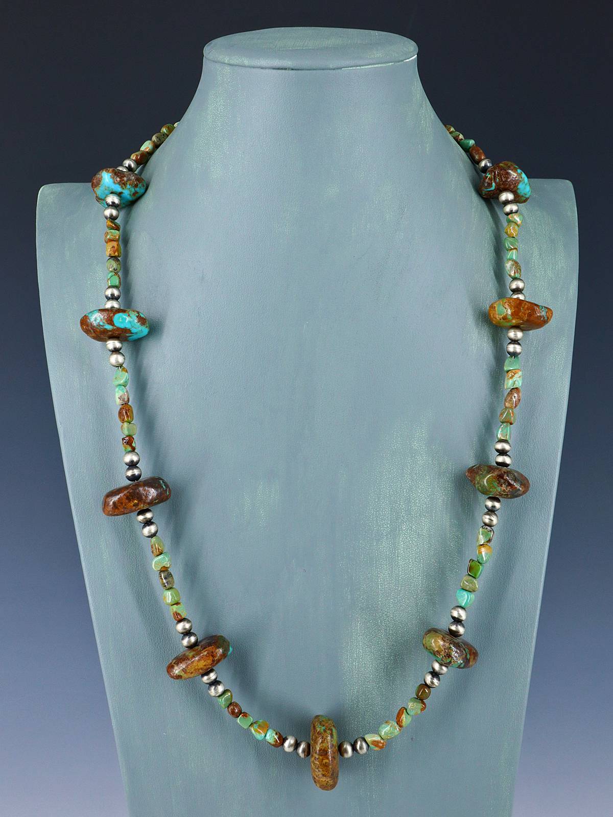 Native American Turquoise Nugget and Silver Beaded Necklace