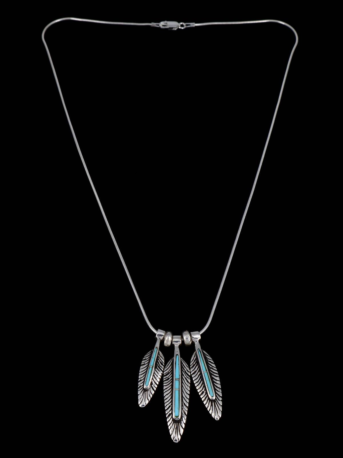 Native American Sterling Silver Turquoise Feather Inlay Necklace