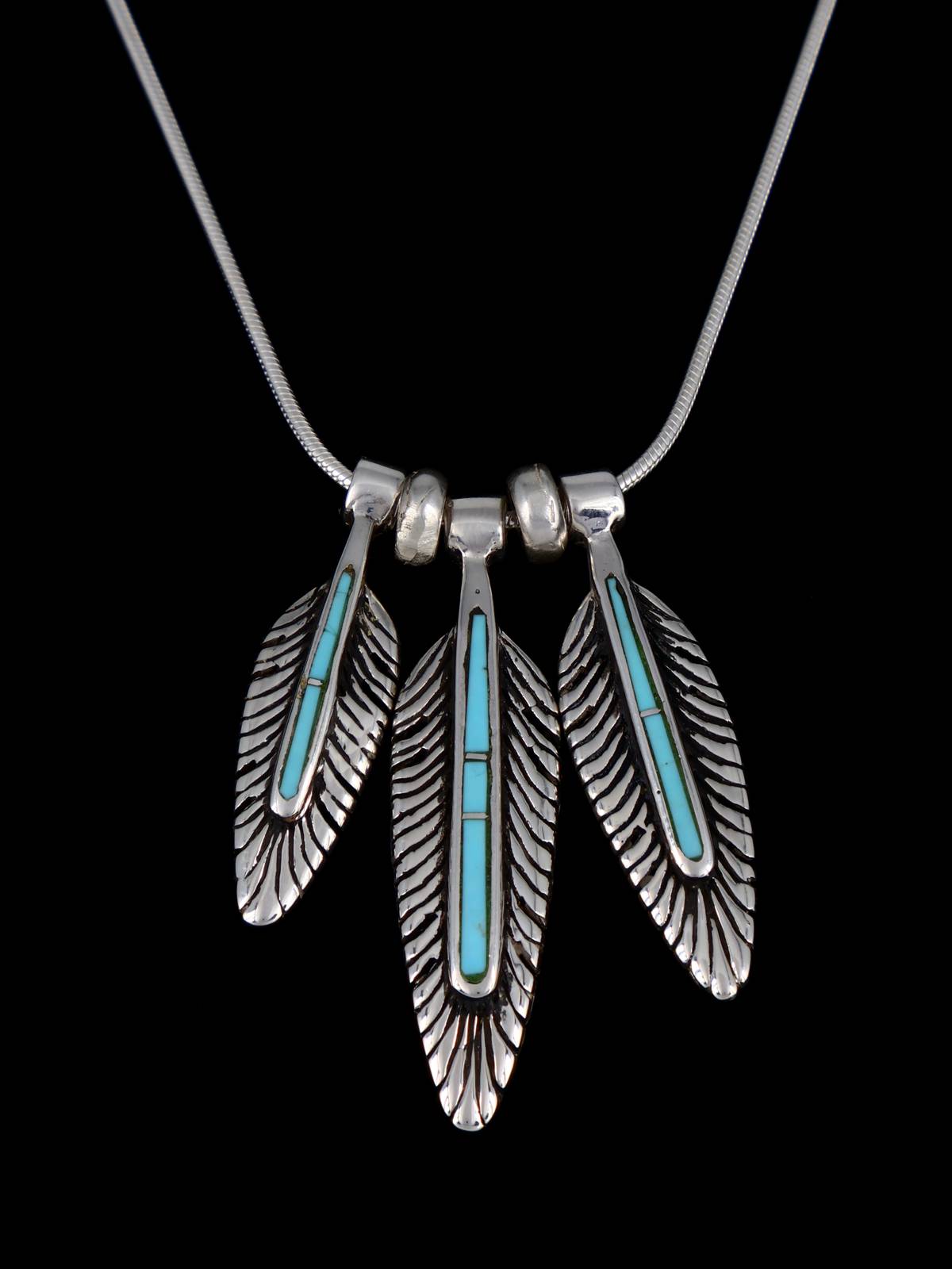 Native American Sterling Silver Turquoise Feather Inlay Necklace