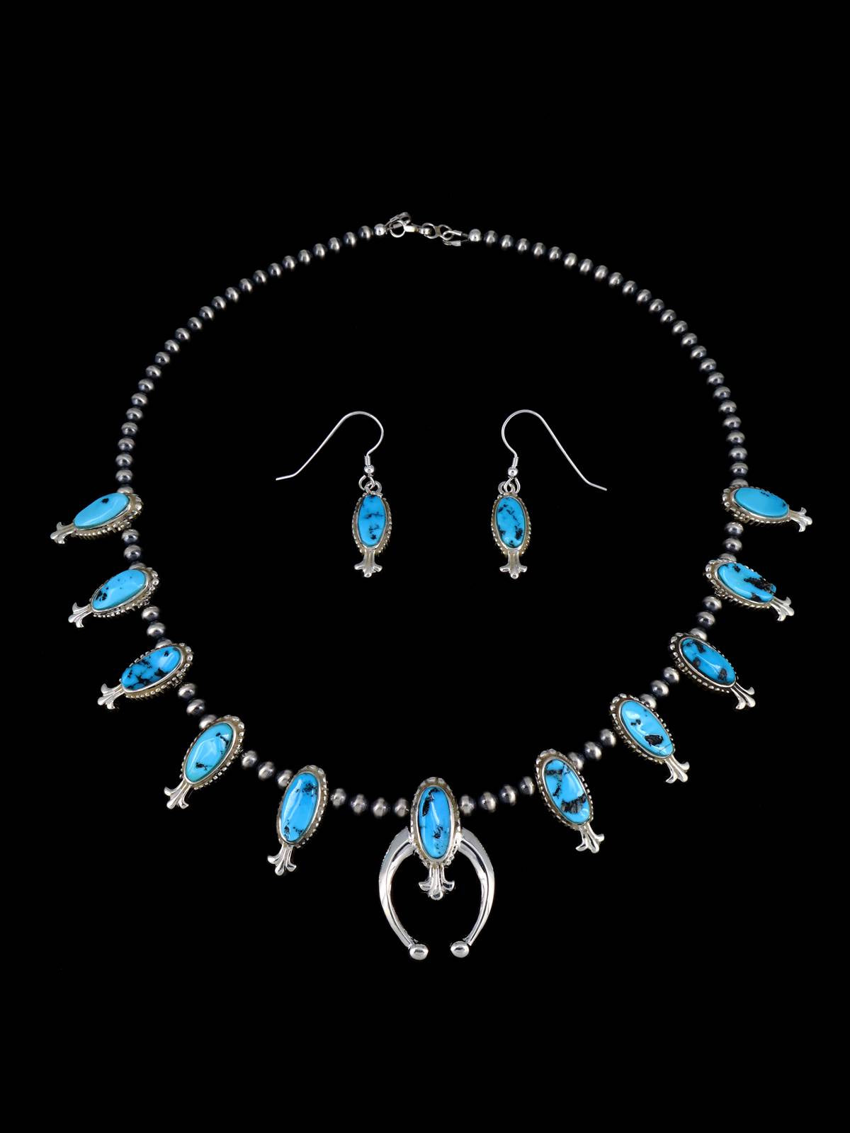 Juego de collar de plata de ley con diseño de caballo del cielo, color turquesa y flor de calabaza