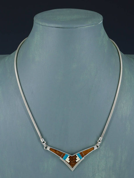 Navajo Inlay Turquoise and Wood Inlay Sterling Silver Necklace