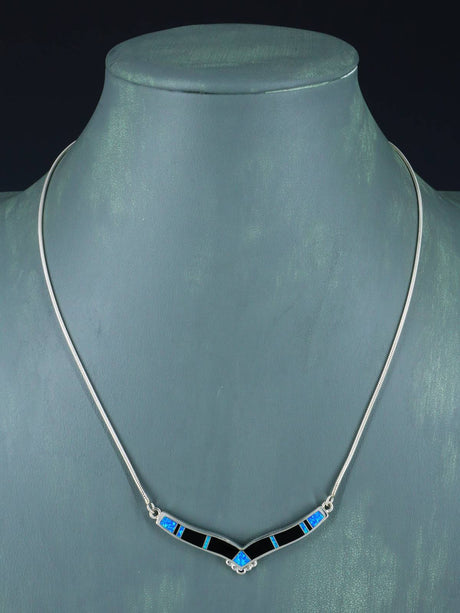 Navajo Onyx and Opalite Inlay Sterling Silver Necklace
