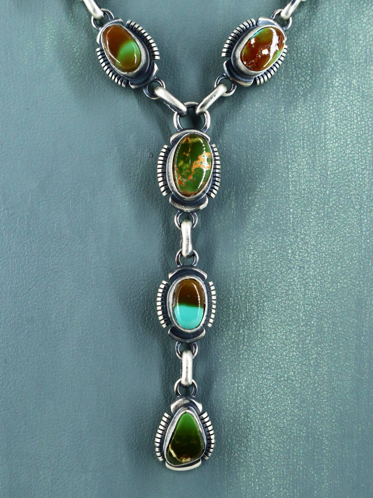 Navajo Natural Royston Turquoise Link Chain Lariat Necklace Set
