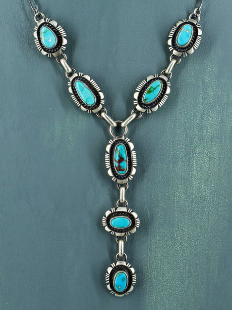 Navajo Natural Royston Turquoise Link Chain Lariat Necklace Set
