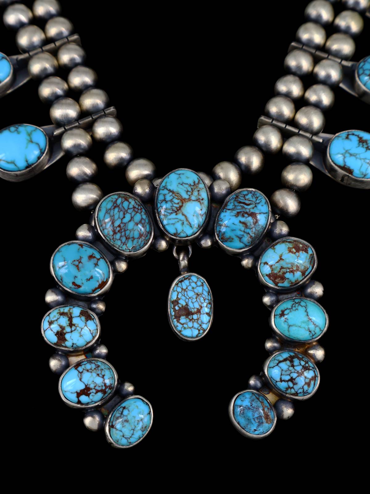 Juego de collar de flor de calabaza turquesa Kingman de plata de ley de nativos americanos