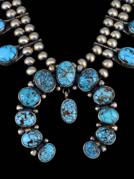 Juego de collar de flor de calabaza turquesa Kingman de plata de ley de nativos americanos
