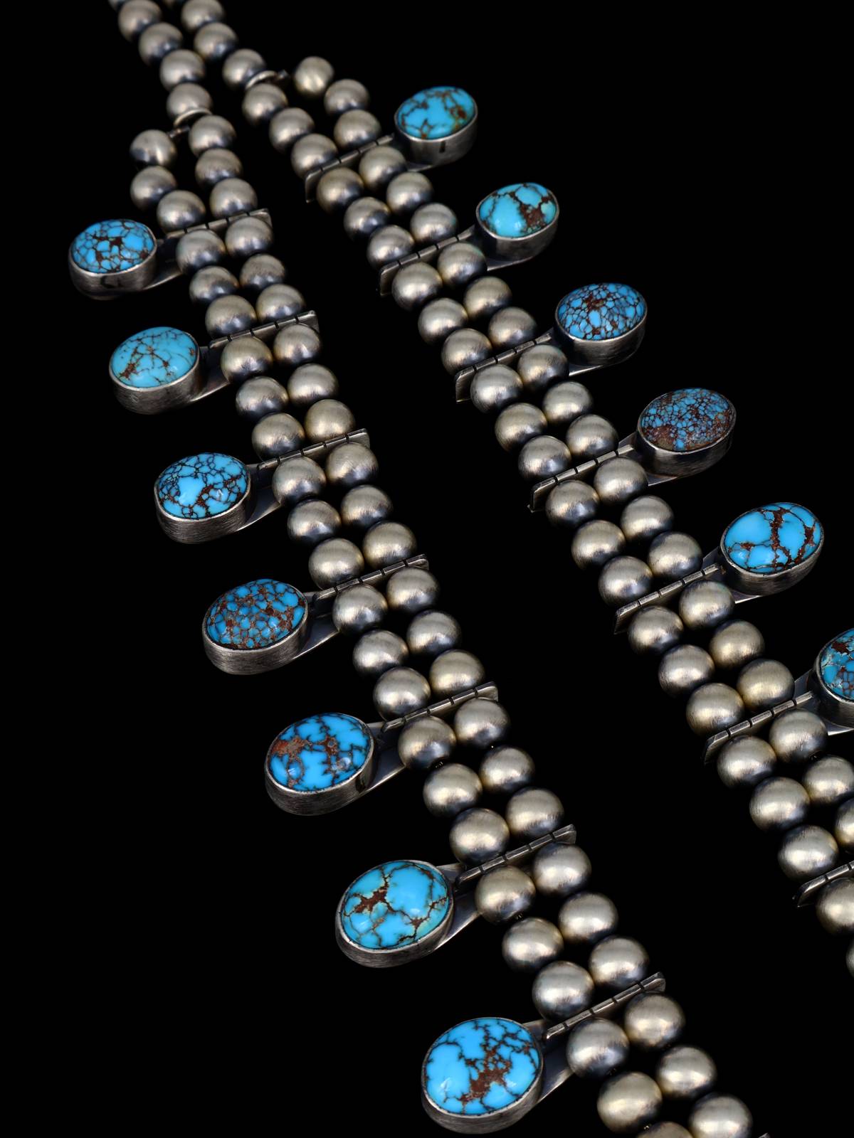 Juego de collar de flor de calabaza turquesa Kingman de plata de ley de nativos americanos