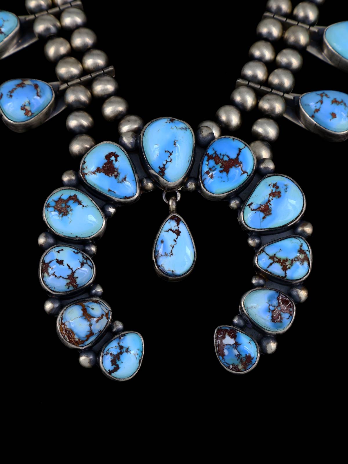 Juego de collar de flor de calabaza turquesa Kingman de plata de ley de nativos americanos