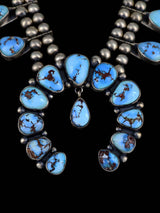 Juego de collar de flor de calabaza turquesa Kingman de plata de ley de nativos americanos