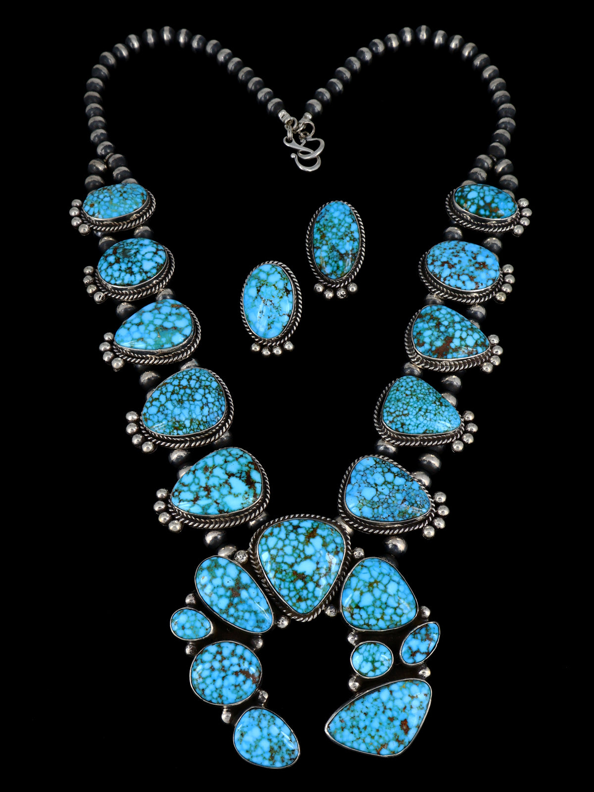 Native American Jewelry Kingman Turquoise Squash Blossom Necklace Set