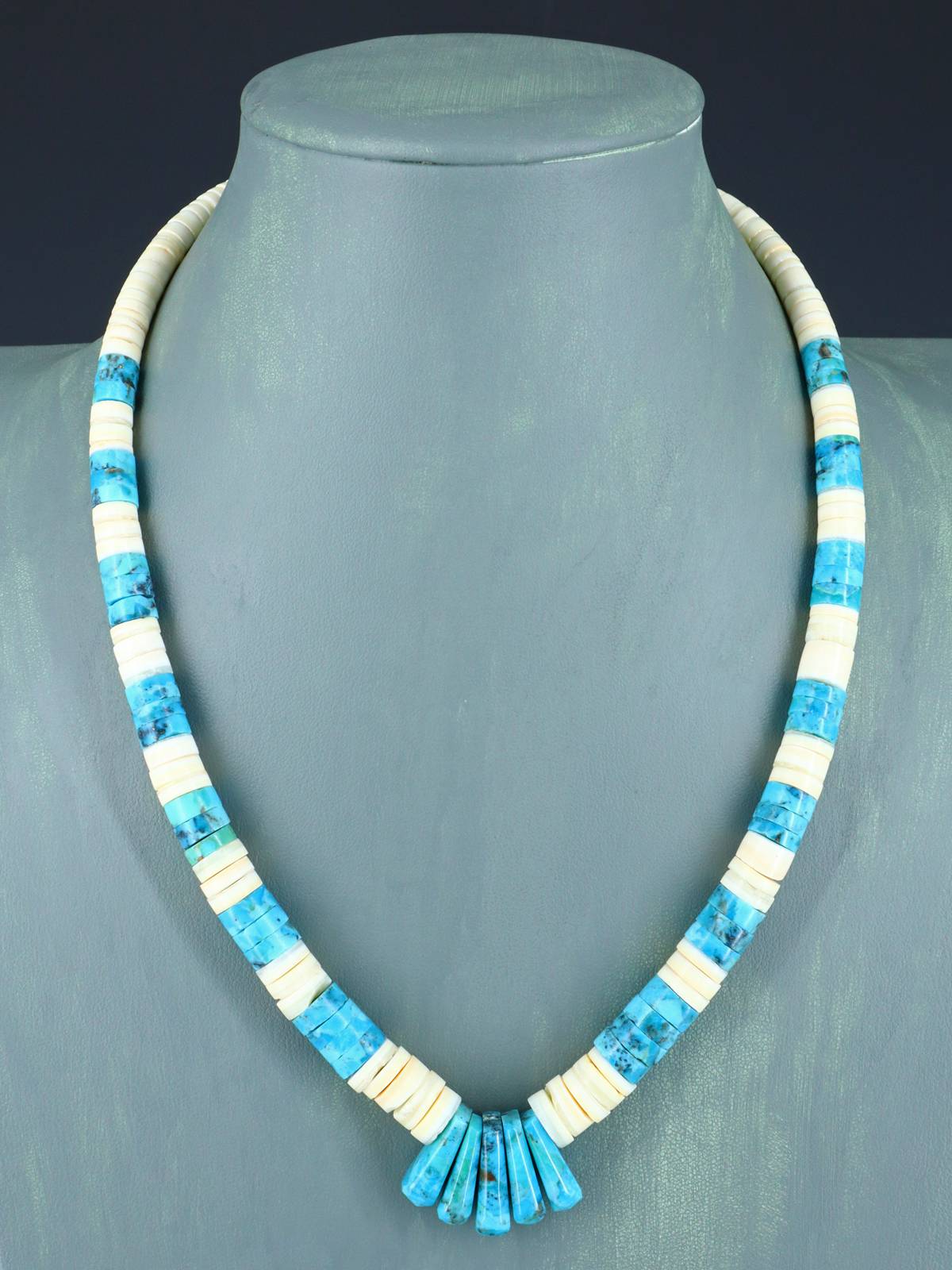 Native American Jewelry Single Strand Shell Heishi and Turquoise Necklace