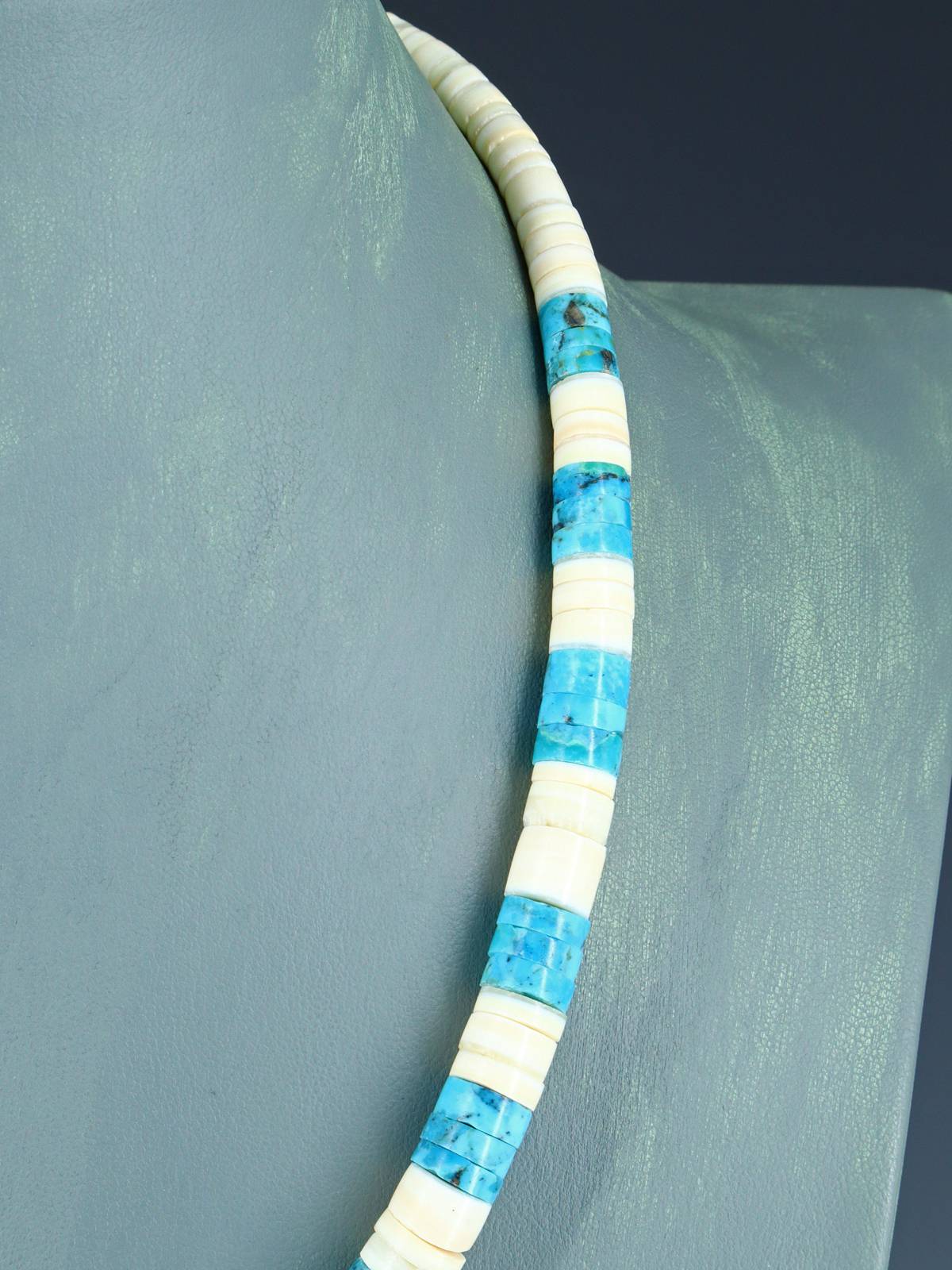 Native American Jewelry Single Strand Shell Heishi and Turquoise Necklace