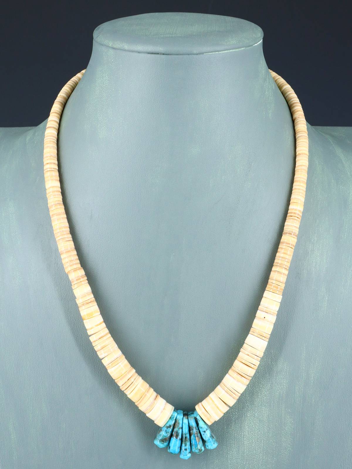 Native American Jewelry Single Strand Shell Heishi and Turquoise Necklace
