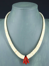 Native American Jewelry Single Strand Shell Heishi and Apple Coral Necklace