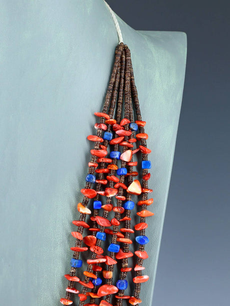 Native American Six Strand Lapis and Spiny Oyster Necklace