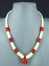Native American Jewelry Single Strand Shell Heishi and Apple Coral Necklace