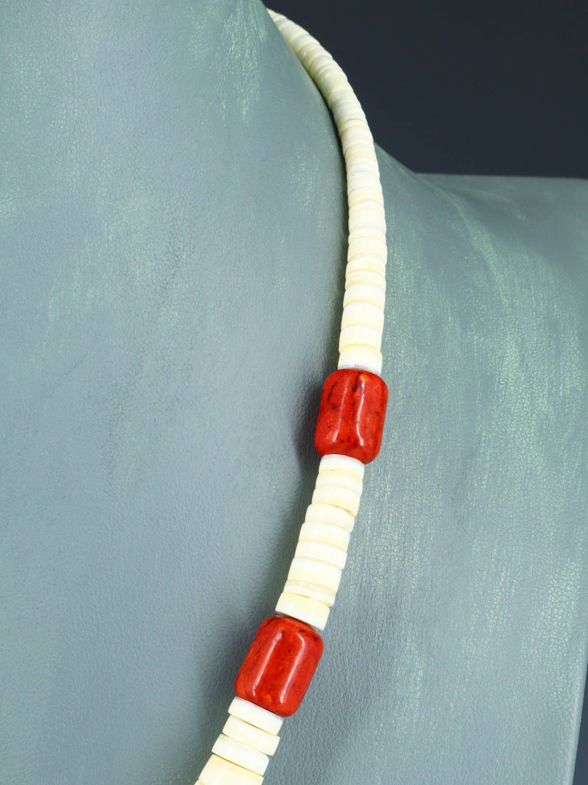 Native American Jewelry Single Strand Shell Heishi and Apple Coral Necklace