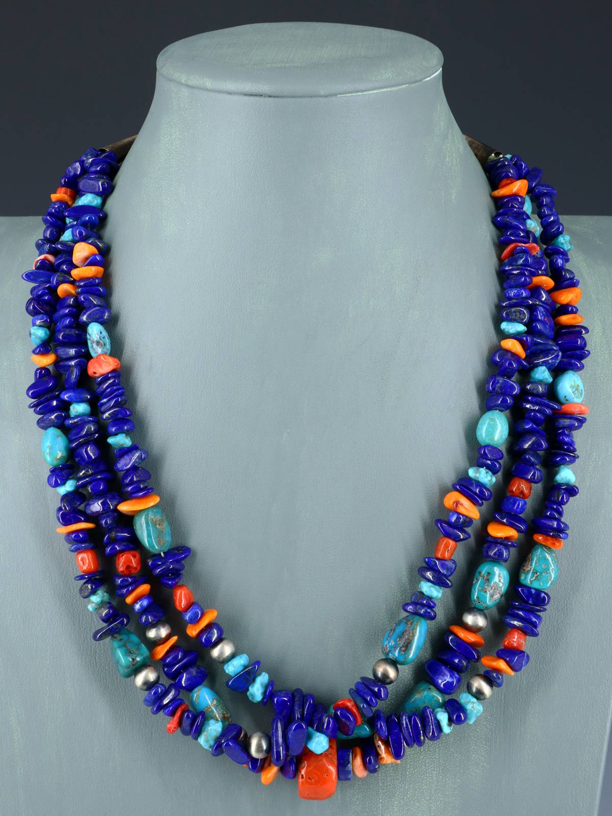 Native American Jewelry Lapis and Turquoise Three Strand Necklace