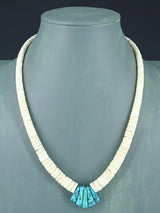 Native American Jewelry Single Strand Shell Heishi and Turquoise Necklace