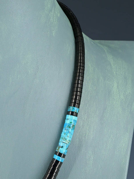 Native American Santo Domingo Turquoise and Jet Necklace