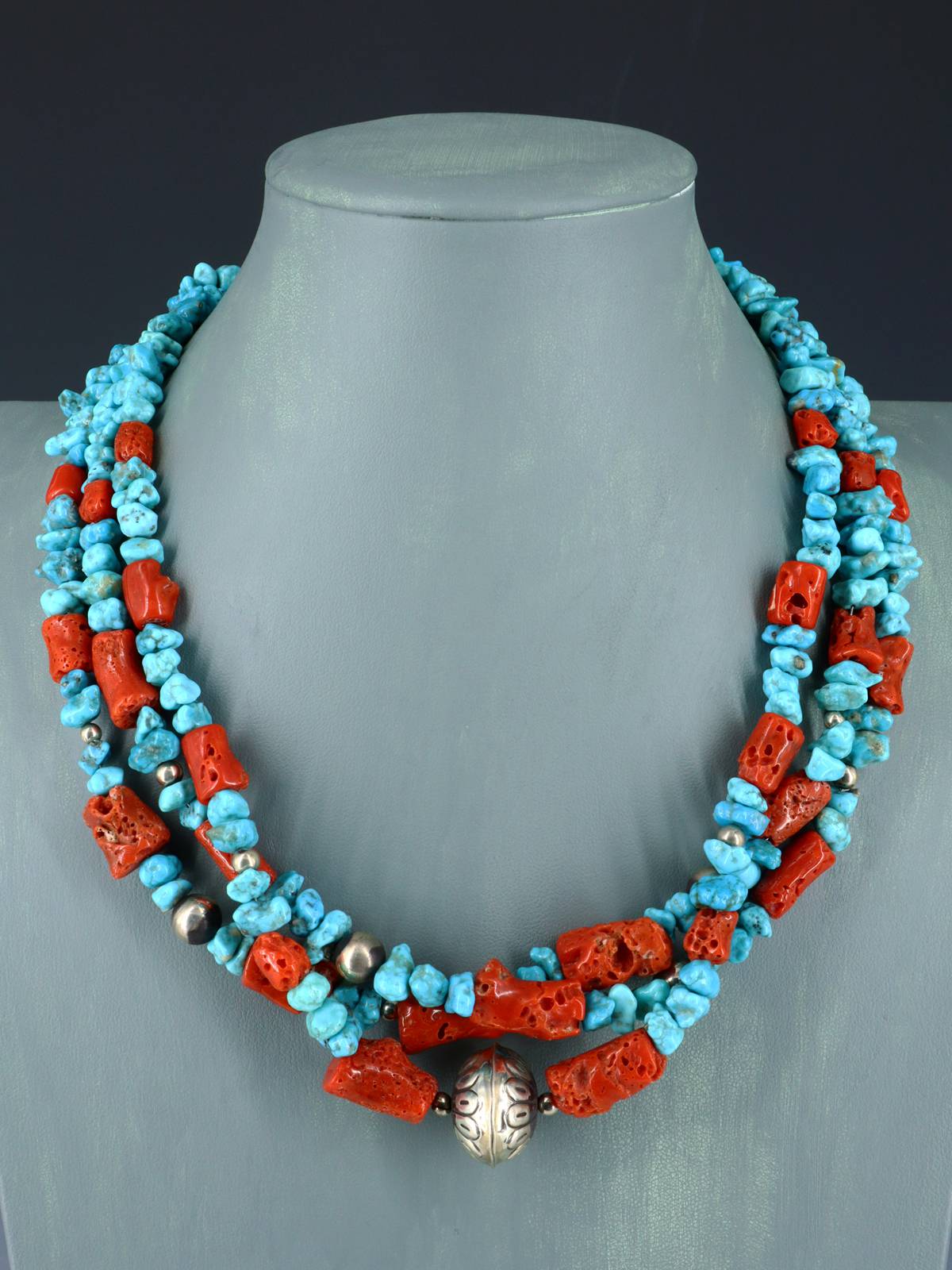 Native American Jewelry Turquoise and Coral Three Strand Necklace