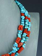 Native American Jewelry Turquoise and Coral Three Strand Necklace