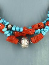 Native American Jewelry Turquoise and Coral Three Strand Necklace