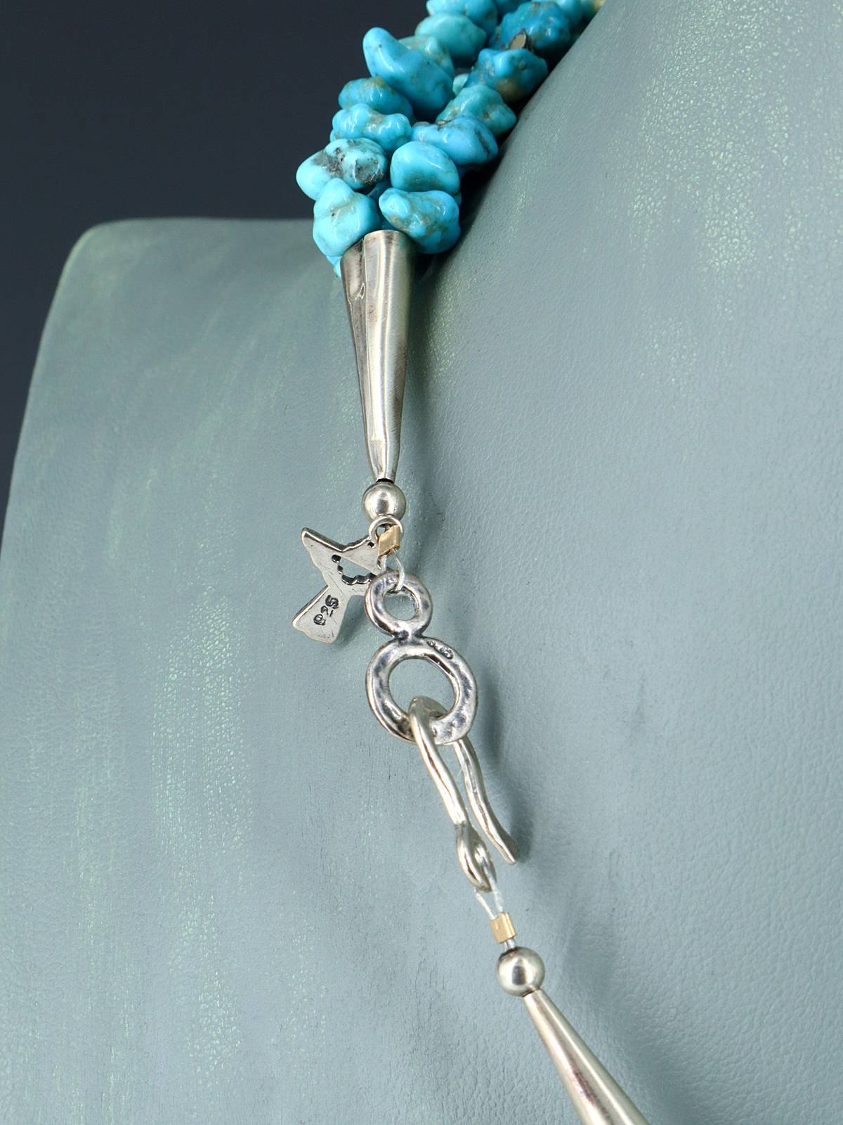 Native American Jewelry Turquoise and Coral Three Strand Necklace
