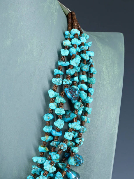 Native American Jewelry Turquoise and Shell Heishi Five Strand Necklace