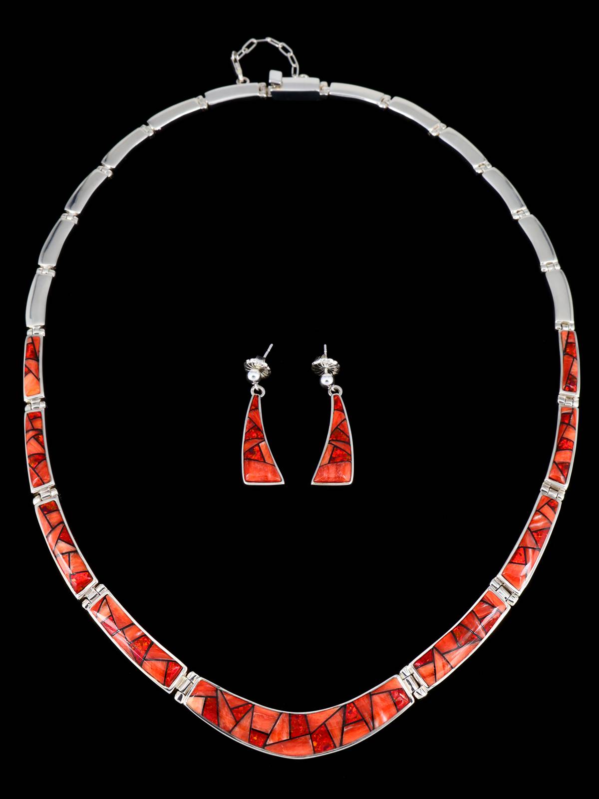 Navajo Spiny Oyster and Opalite Inlay Sterling Silver Link Necklace Set