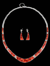 Navajo Spiny Oyster and Opalite Inlay Sterling Silver Link Necklace Set