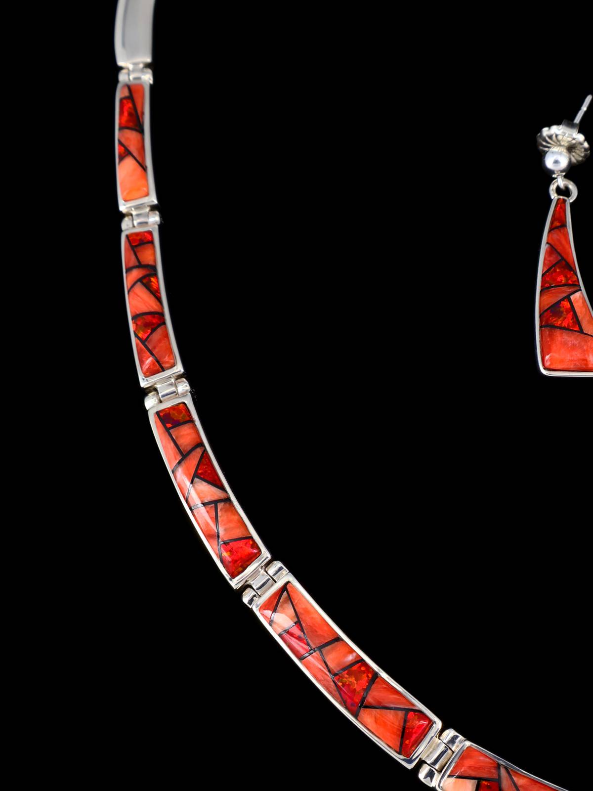 Navajo Spiny Oyster and Opalite Inlay Sterling Silver Link Necklace Set