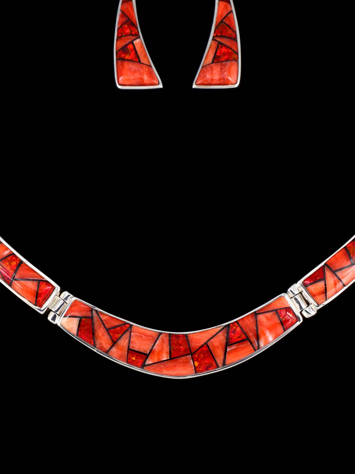 Navajo Spiny Oyster and Opalite Inlay Sterling Silver Link Necklace Set